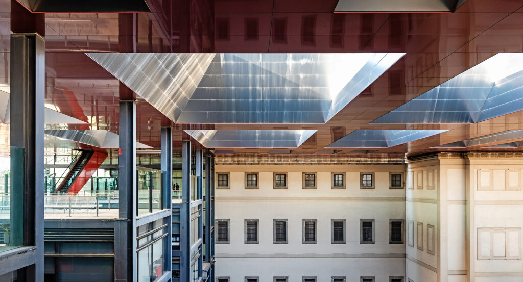 Glass and steel design of the Reina Sofia Museum in Madrid