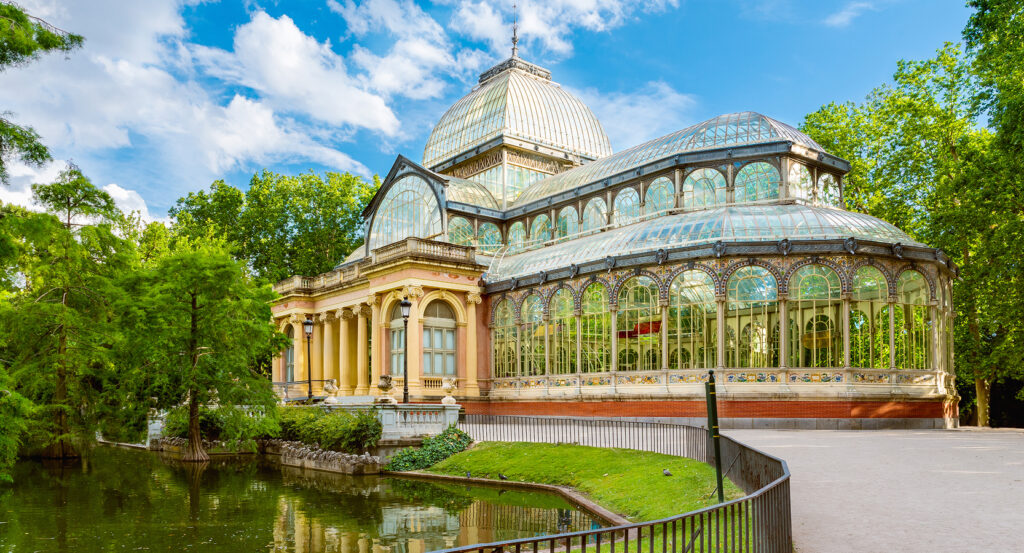 Scenic view of Retiro Park gardens and lake in Madrid