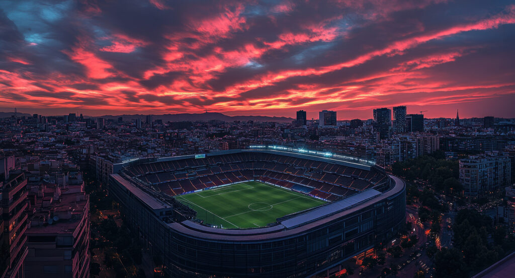 Aerial night view of Santiago Bernabeu Stadium glowing under a vibrant sunset in Madrid.