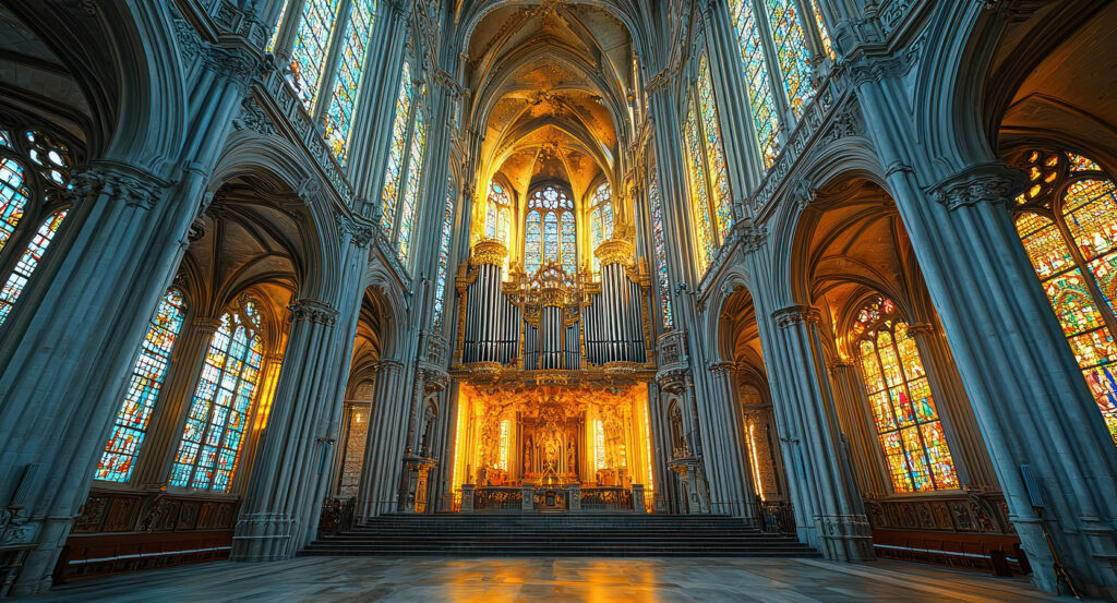 Gothic spires and ornate interior of St. Vitus Cathedral in Prague Castle