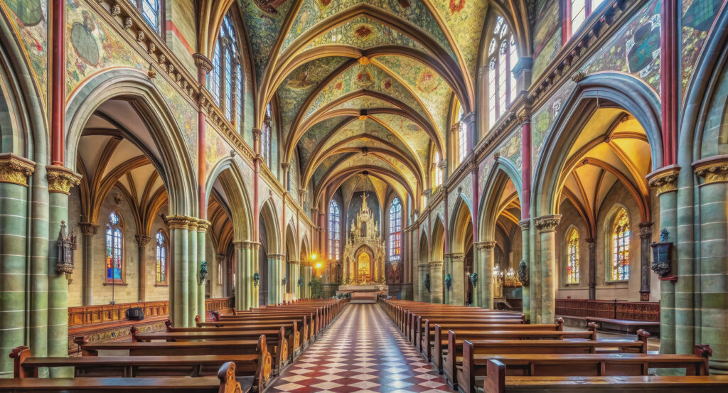Vysehrad Fortress church interior with painted vaults and Gothic arches