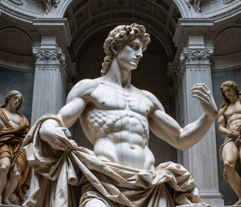 Michelangelo’s David displayed inside the Accademia Gallery under soft, sculptural light.