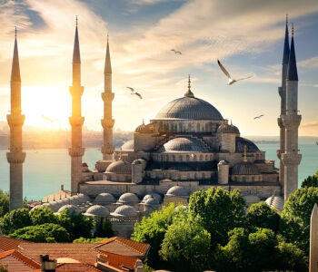 The Blue Mosque in Istanbul at sunset with seagulls flying overhead