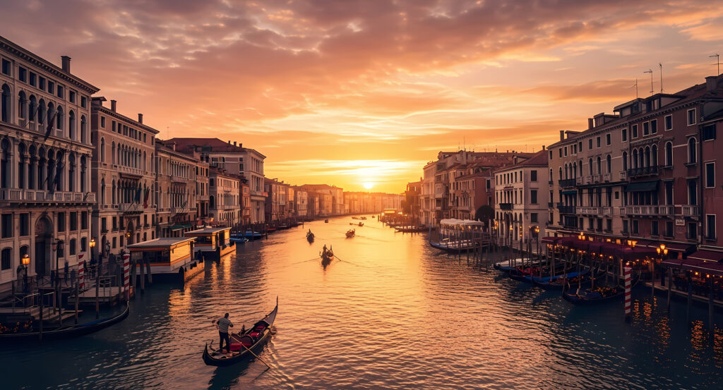 View of the Grand Canal lined with historic palaces in Venice