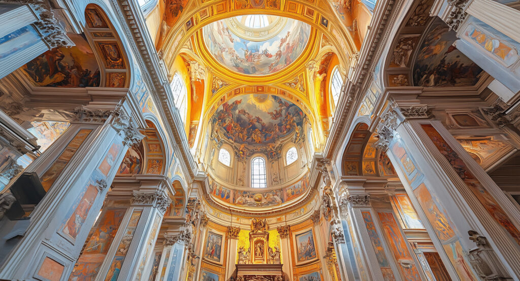 Medici Chapels dome ceiling in Florence glowing with frescoes and golden light