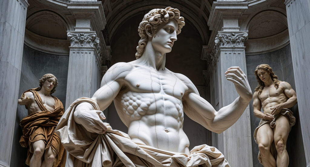 Marble statue of David inside the Accademia Gallery in Florence