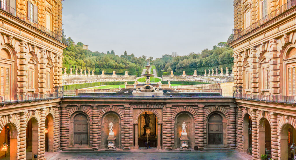 Palazzo Pitti facade and entrance view in Florence