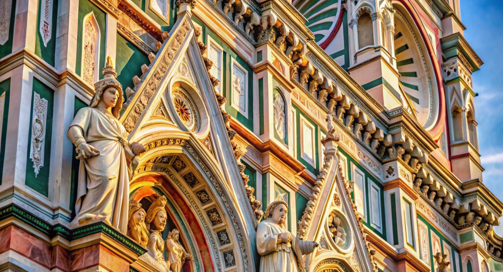 Santa Croce Church exterior in Florence with statues and colorful marble design