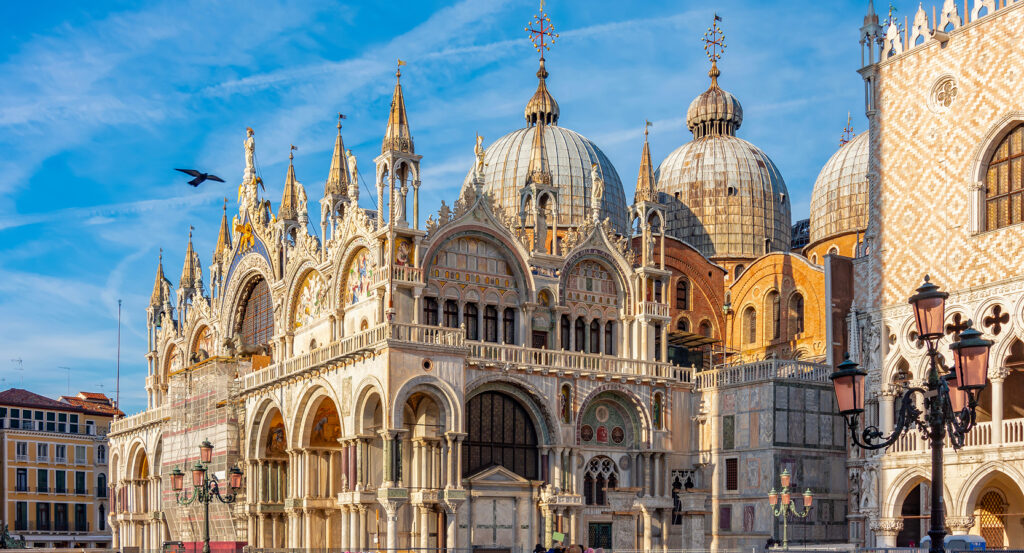 Detail of St Mark’s Basilica domes and facade architecture in Venice