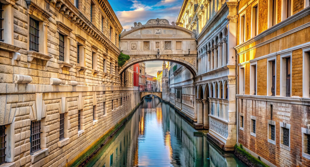 View of the Bridge of Sighs connecting Doge’s Palace and the old prison