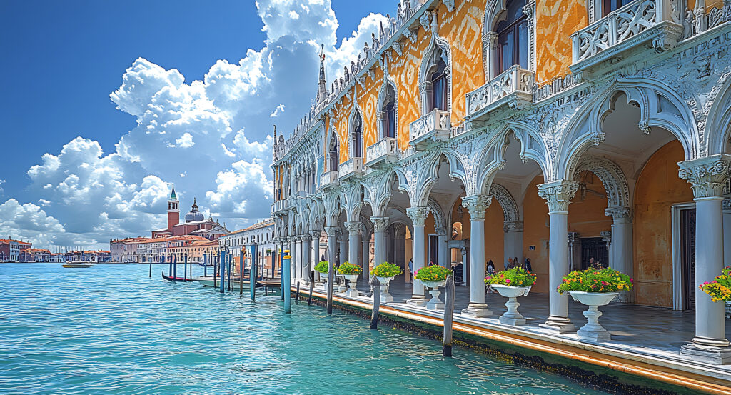 Ornate Gothic arches of Doge’s Palace along the lagoon