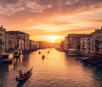 Sunset over Venice’s Grand Canal with gondolas drifting between historic buildings glowing in warm evening light.