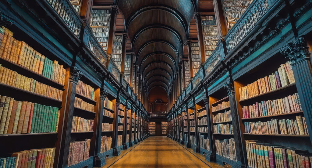 Interior of Dublin’s Trinity College Library showcasing the Long Room and historic shelves