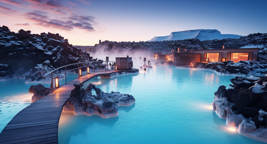 Bridge over the illuminated Blue Lagoon geothermal pool in Iceland at dusk