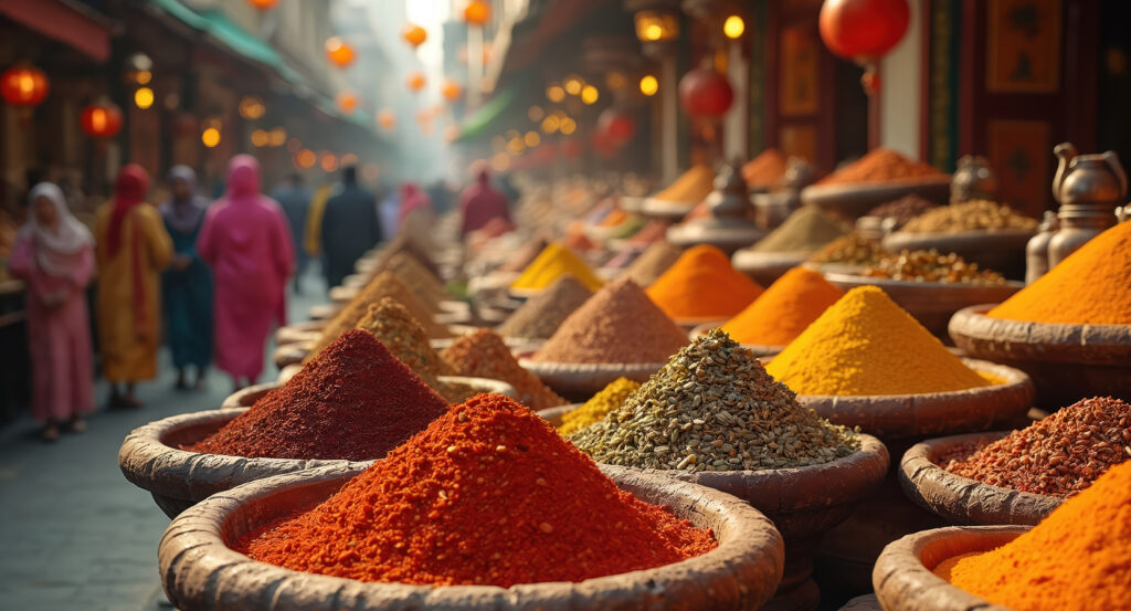 Vibrant spice market scene with mounds of saffron, turmeric, and paprika in Istanbul