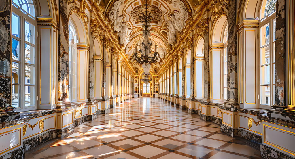 Sunlit grand interior of Schonbrunn Palace Vienna