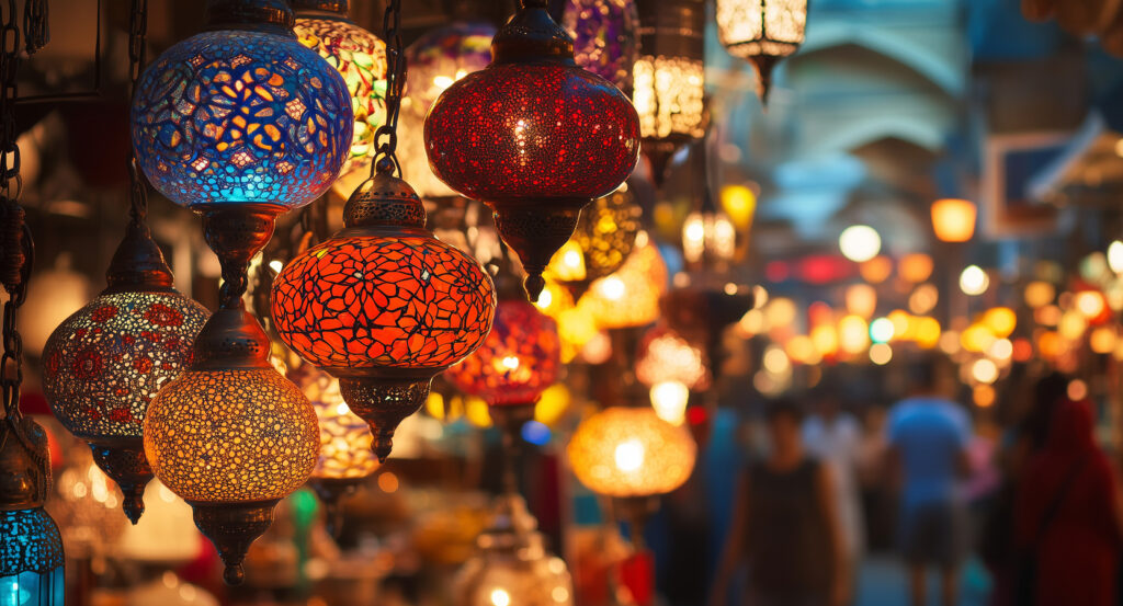 Vibrant market scene with glowing lamps in the Grand Bazaar