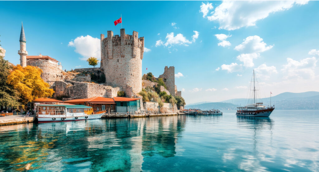 Scenic view of Rumeli Fortress and towers overlooking the Bosphorus in Istanbul