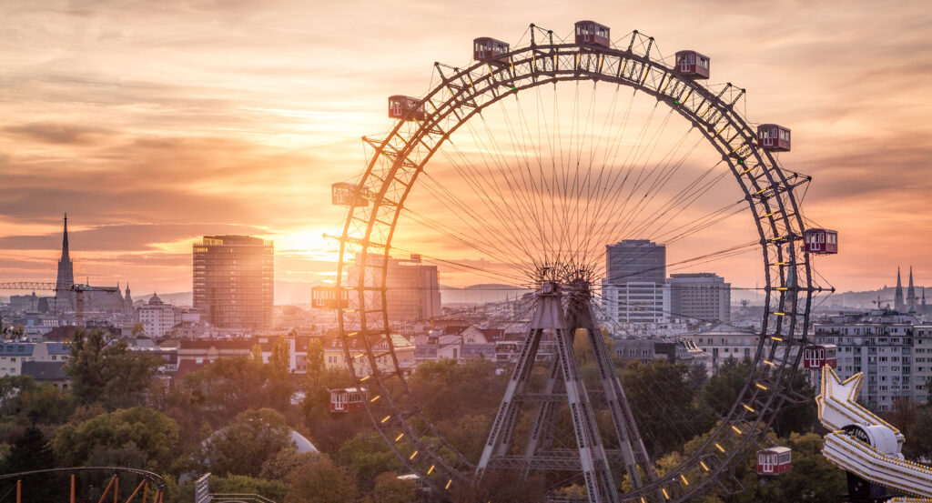 Vienna’s Prater Park Riesenrad illuminated at golden hour.