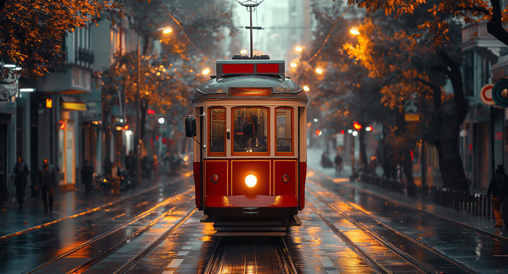 Istanbul’s Istiklal Street with red tram and wet reflections on rainy evening