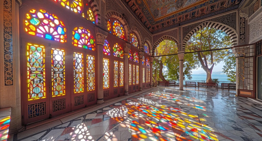Interior view of Topkapi Palace with vibrant glasswork and Bosphorus views in the background