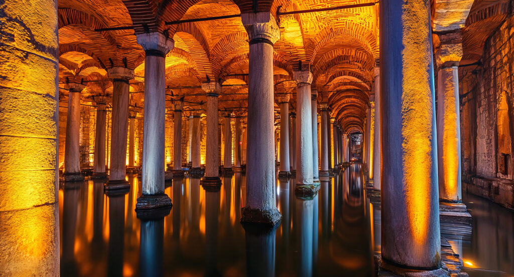 Underground arches and stone columns inside the Basilica Cistern in Istanbul