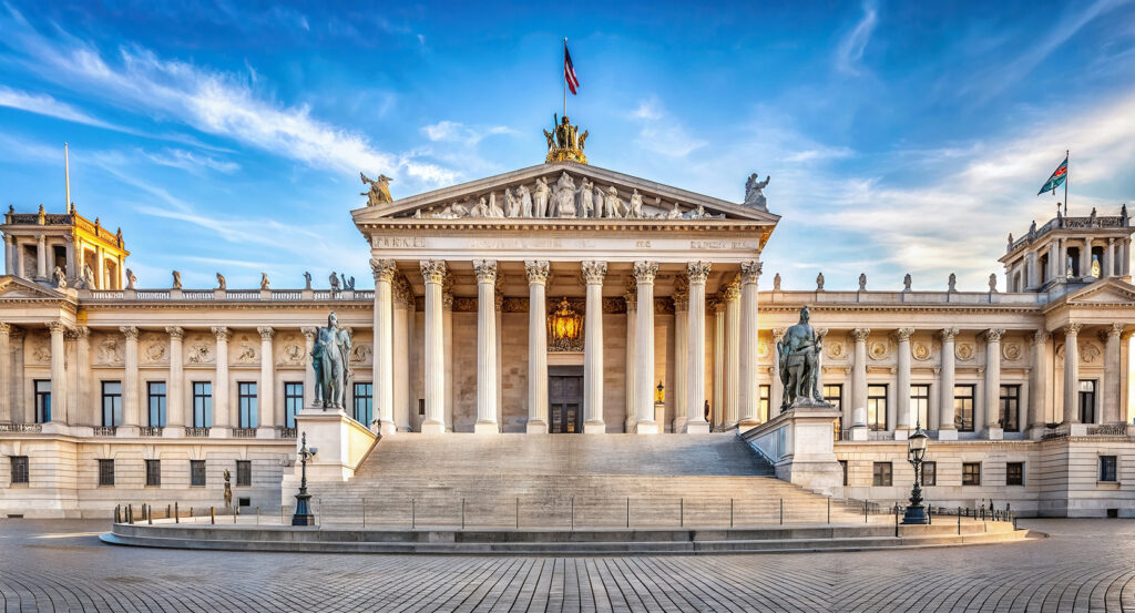 Exterior view of Austrian Parliament Building under blue sky