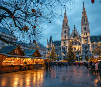 Vienna’s Rathaus illuminated at dusk with Christmas market stalls glowing beneath decorated trees.