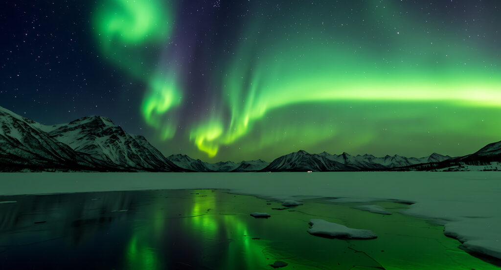 Aurora Borealis glowing green above Reykjavik’s night horizon