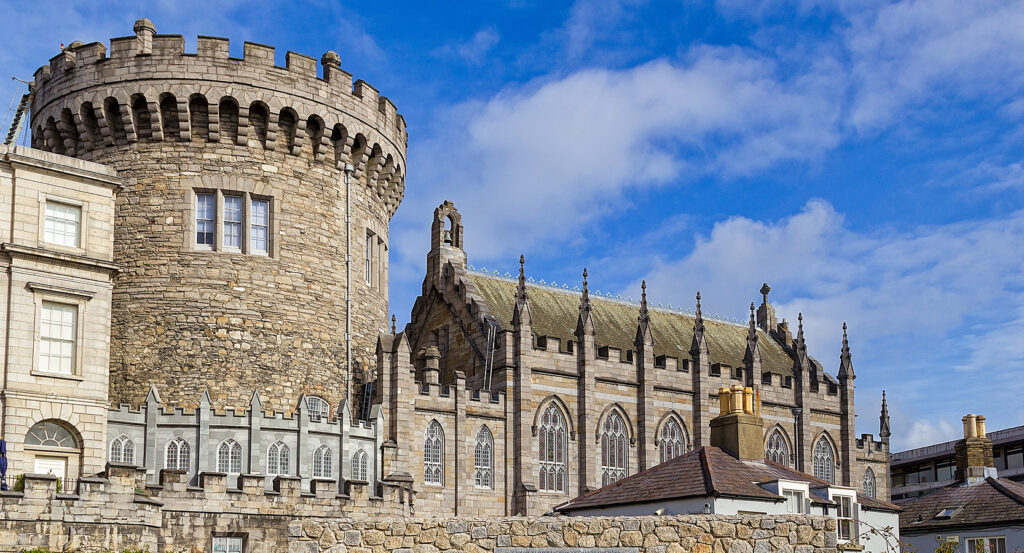 Exterior of Dublin Castle in Dublin with medieval tower and chapel