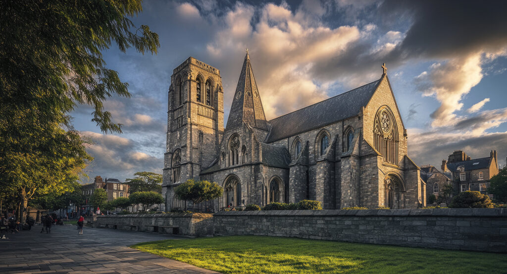 Exterior of Christ Church Cathedral in Dublin with Gothic stone architecture