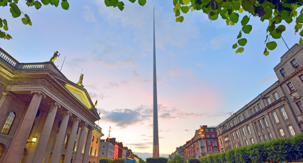 The General Post Office Dublin with neoclassical pillars and illuminated facade