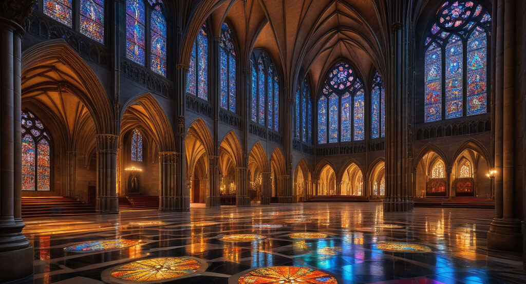 St. Patrick’s Cathedral Dublin glowing with stained glass reflections on marble floor