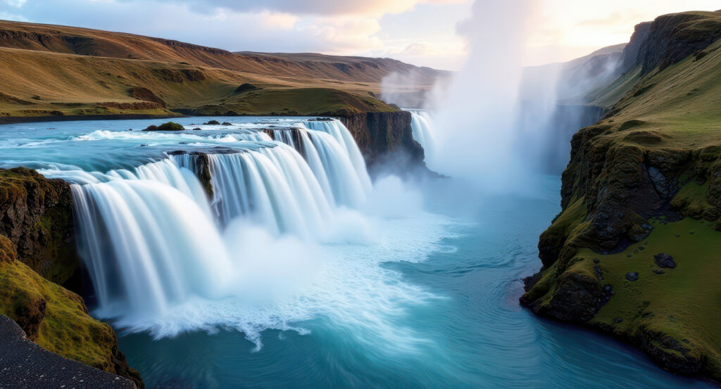 Panoramic view of Goðafoss waterfall along Iceland’s Ring Road