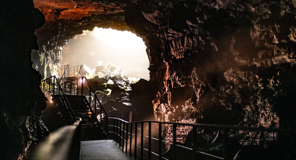 Volcanic cave near Reykjavik showing dramatic rock formations and natural light