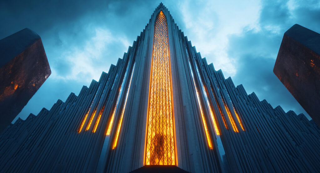 Striking architecture of Hallgrimskirkja Church against dramatic sky in Reykjavik