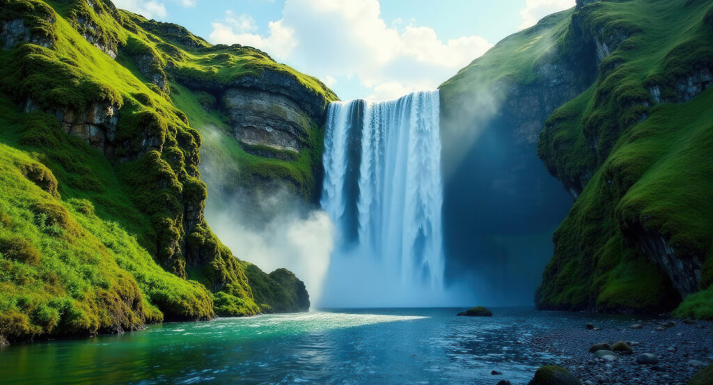 Skogafoss waterfall surrounded by green cliffs on Iceland’s South Coast