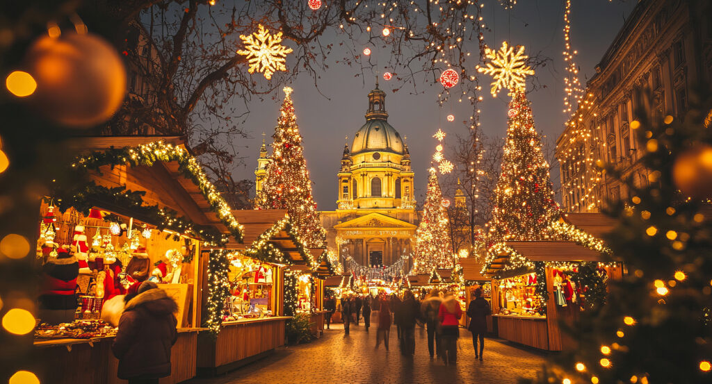 Night view of St Stephen’s Basilica lit with festive lights