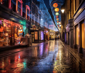 Temple Bar street at night illuminated by vibrant lanterns and reflections on rain-glossed cobblestones.
