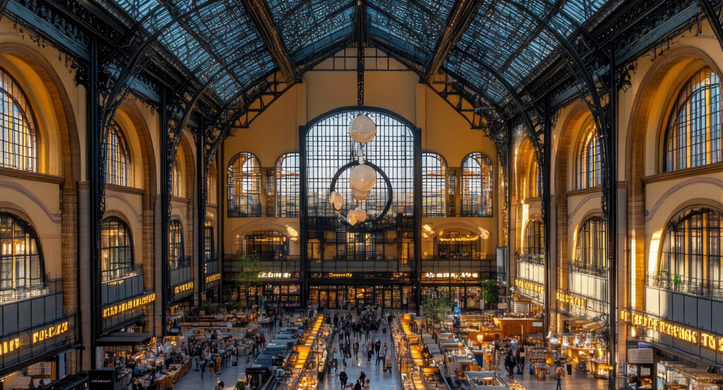 Exterior view of Budapest Central Market Hall with tiled roof