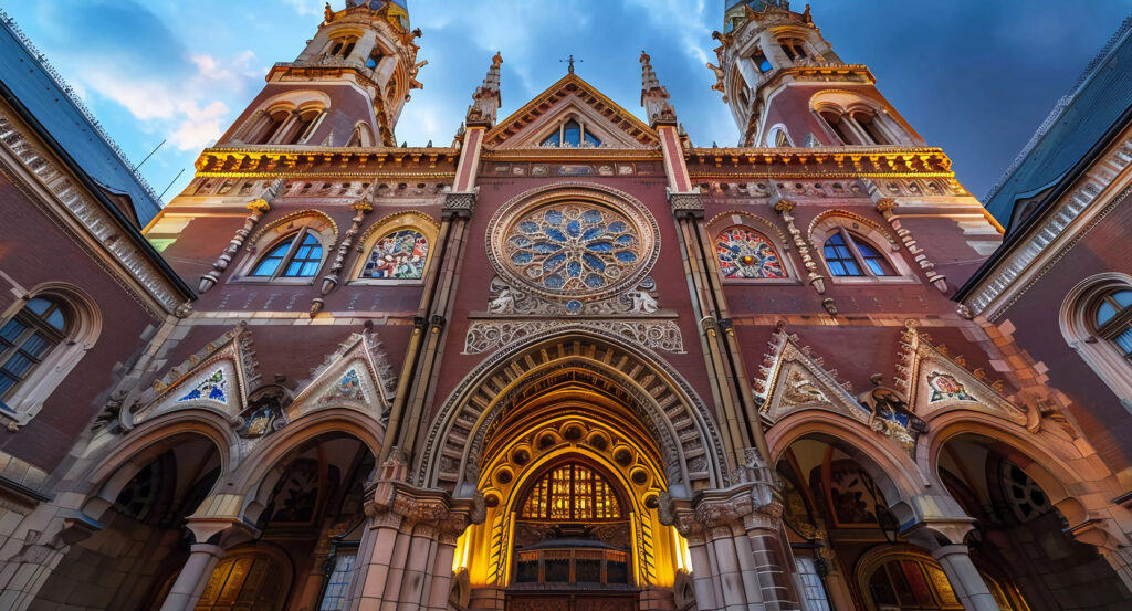 Moorish Revival architecture of Dohány Street Synagogue in Budapest at sunset