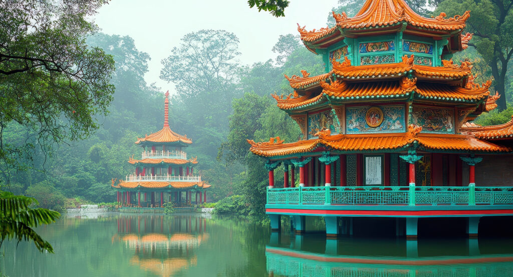 Scenic view of Haw Par Villa pagodas surrounded by lush greenery