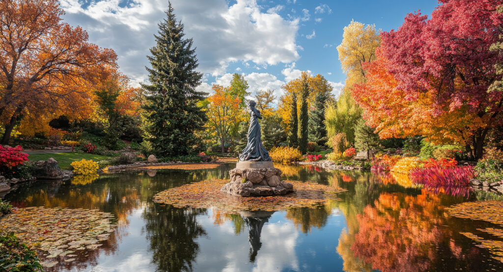Statue overlooking pond in Margaret Island’s gardens with colorful foliage
