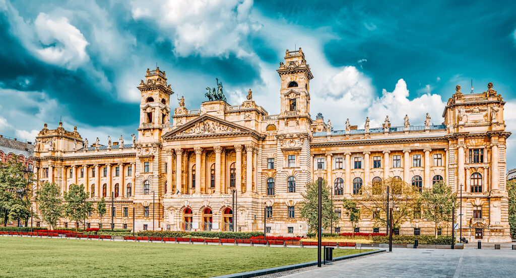Grand exterior of the Museum of Ethnography in Budapest across from Parliament
