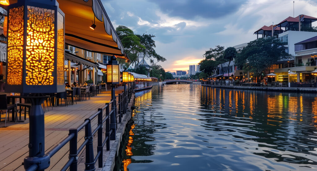 Lantern-lit promenade along Clarke Quay with restaurants by the Singapore River