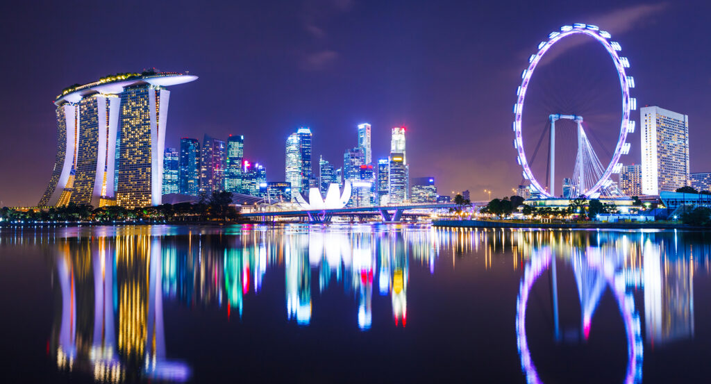 Aerial view of Singapore Flyer overlooking Marina Bay waterfront