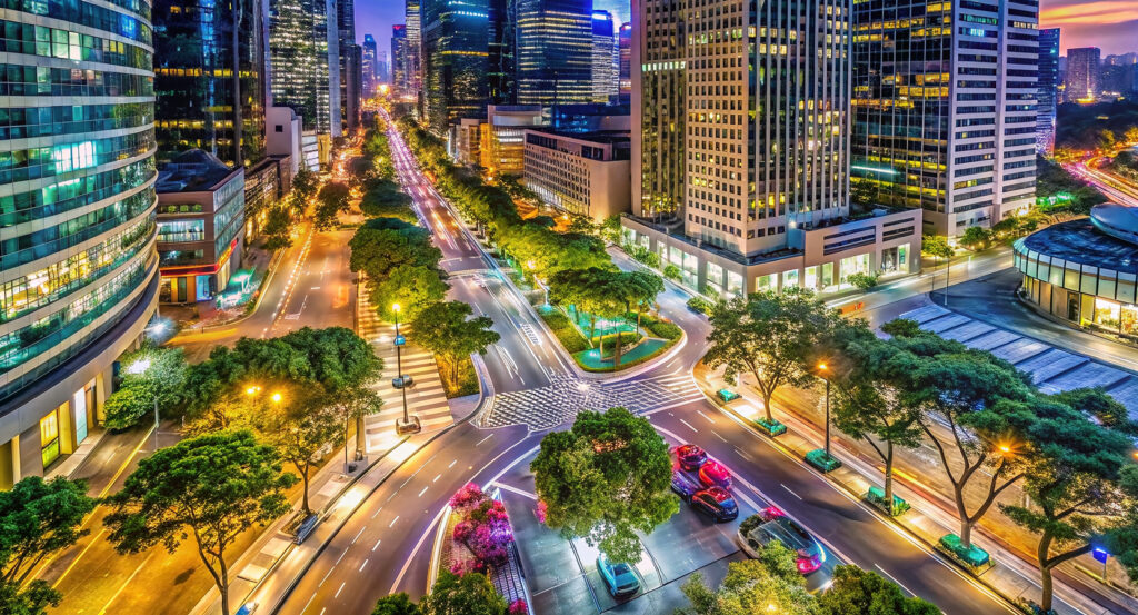 Busy Orchard Road in Singapore with traffic and city skyscrapers