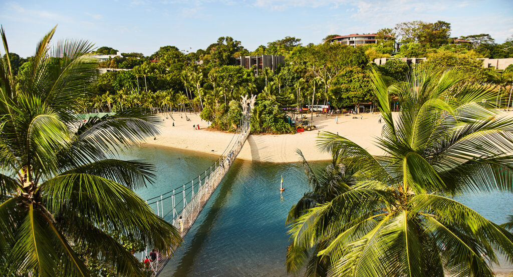 Palm trees and sandy shores of Sentosa Island in Singapore