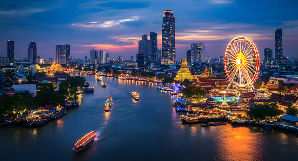 Night view of Asiatique market and skyline in Bangkok