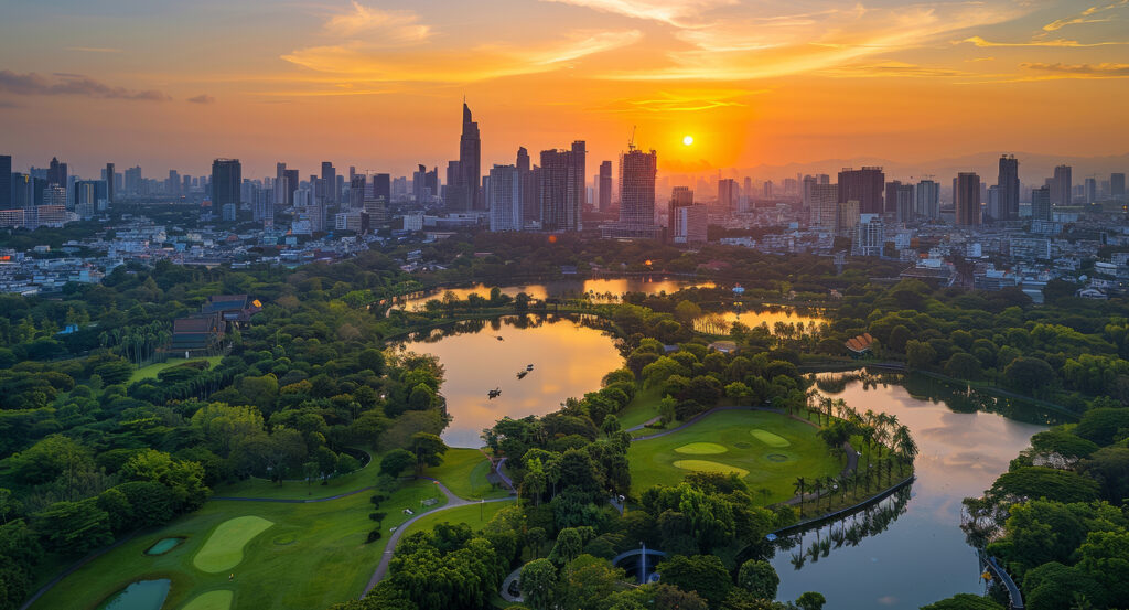 Green Park in Bangkok with water, greenery, and city buildings in the background